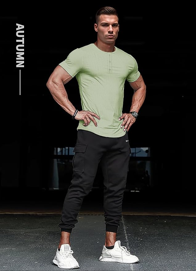 Muscle Cmdr Men's Slim Fit Henley Shirt Long&Short Business Sleeve Casual 3 Metal Buton Placket Casual Stylish T-Shirt